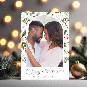 Watercolor-Grün & Rotbeer-Weihnachtsfoto Feiertagskarte