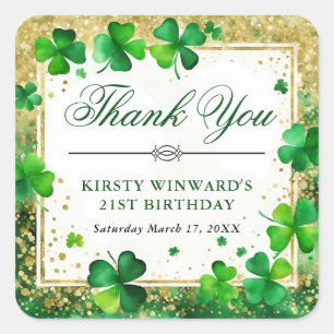 Watercolor Grün und Gold Shamrock 21. Geburtstag Quadratischer Aufkleber