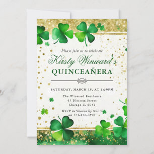 Watercolor Grün und Gold Shamrock Quinceanera Einladung