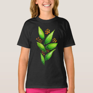 Watercolor-grüne Pflanzen-orange Beeren-Mädchen T-Shirt