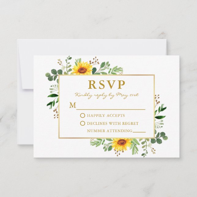 Watercolor Grüne Sonnenblumen Hochzeit Gold RSVP Karte (Vorderseite)