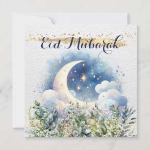 Watercolor-Halbmond Eid Mubarak mit Goldakzent Feiertagskarte