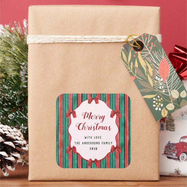 Watercolor Hand Drawn Red Bows Stripes Christmas  Quadratischer Aufkleber (Feiertag)
