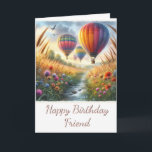 Watercolor Happy Birthday Friend Grußkarte Karte<br><div class="desc">Diese Geburtstagskarte zeigt ein digitales Aquarellbild,  das Heißluftballons zeigt,  die an einem strahlenden Tag sanft über einem Feld aufsteigen. Die Karte enthält eine Innengrauheit,  die auf Ihre Wünsche zugeschnitten werden kann. "AI-generiertes Kunstwerk mit Designrichtung von Susang6"</div>