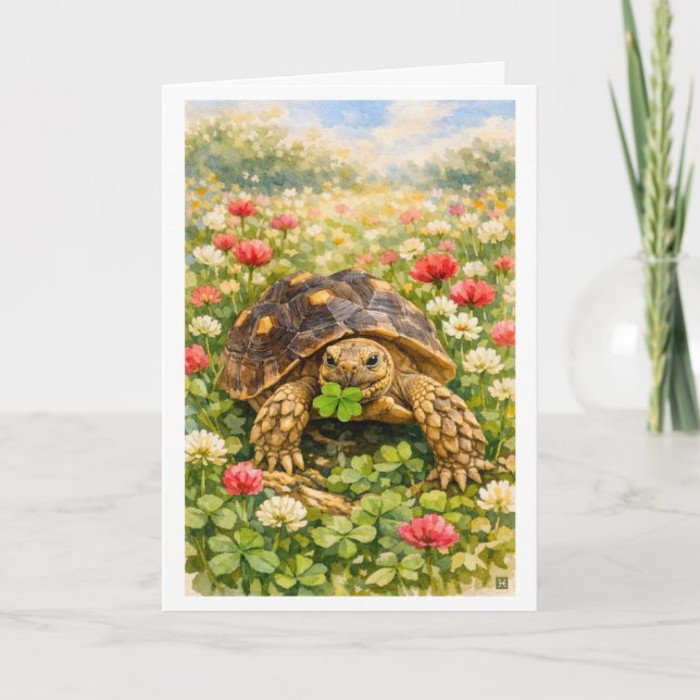 Watercolor Happy Birthday Turtle with lucky clover Karte (Vorderseite)