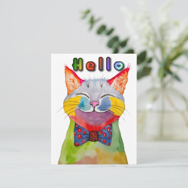 Watercolor Happy Cat Greeting Card Einladung (Stehend Vorderseite)