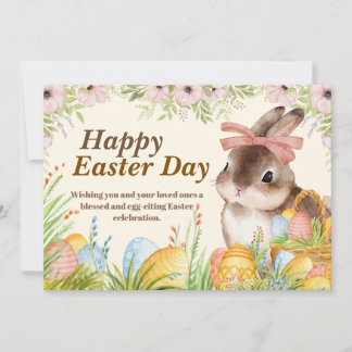 Watercolor Happy Easter Day Floral Bunny with Bow Feiertagskarte