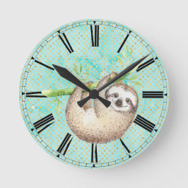 Watercolor Happy Sloth Runde Wanduhr