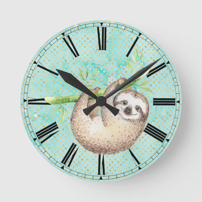 Watercolor Happy Sloth Runde Wanduhr (Vorderseite)