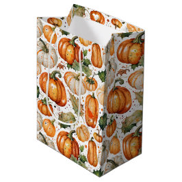 Watercolor Harvest Pumpkin and Autumn Leaf Pattern Mittlere Geschenktüte
