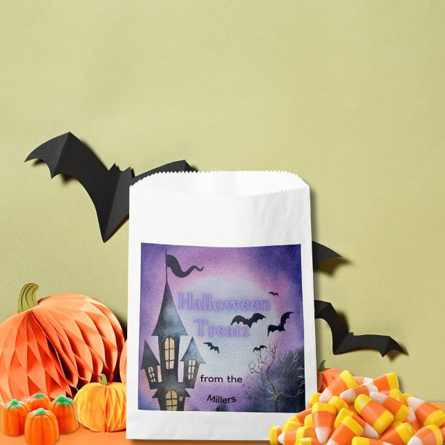 Watercolor Haunted House Halloween Treat Geschenktütchen (Batty Halloween favor bags)