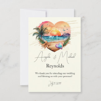 Watercolor Hawaii Beach Sunset Heart Wedding Dankeskarte