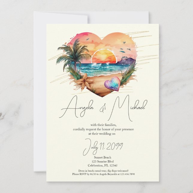 Watercolor Hawaii Beach Sunset Heart Wedding Einladung (Vorderseite)