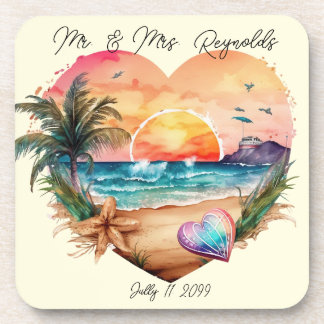 Watercolor Hawaii Beach Sunset Heart Wedding Getränkeuntersetzer
