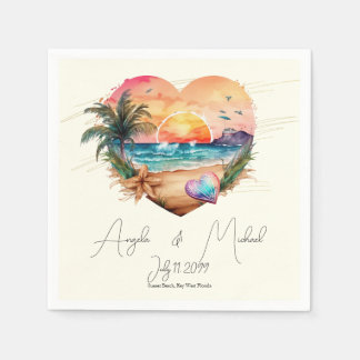 Watercolor Hawaii Beach Sunset Heart Wedding Serviette