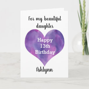 Watercolor Heart Daughter Happy 13. Geburtstag Karte