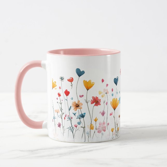 Watercolor Heart WildFlowers Valentines Mug Tasse (Links)