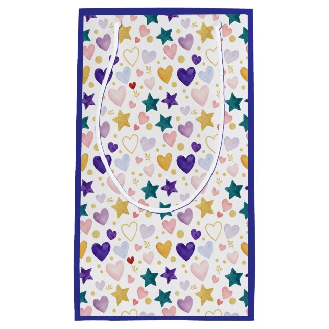 Watercolor Hearts and Glittering Stars Pattern Kleine Geschenktüte (Vorderseite)