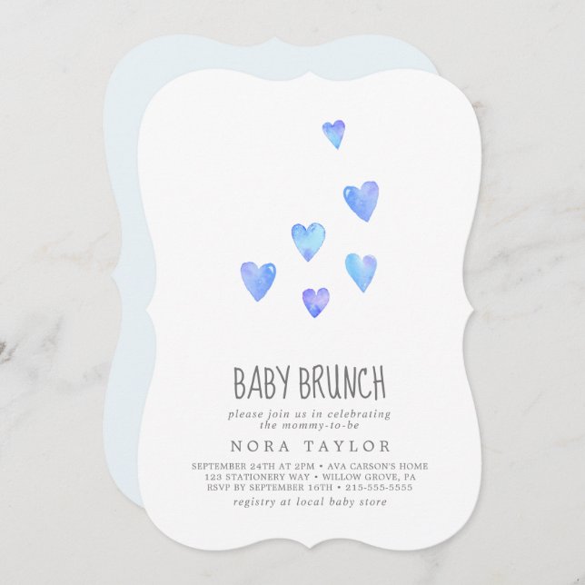 Watercolor Hearts Boy Baby Brunch Einladung (Vorne/Hinten)