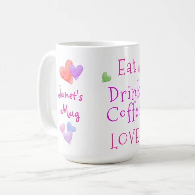 Watercolor Hearts EAT Drink Coffee LOVE Kaffeetasse (Vorderseite Links)