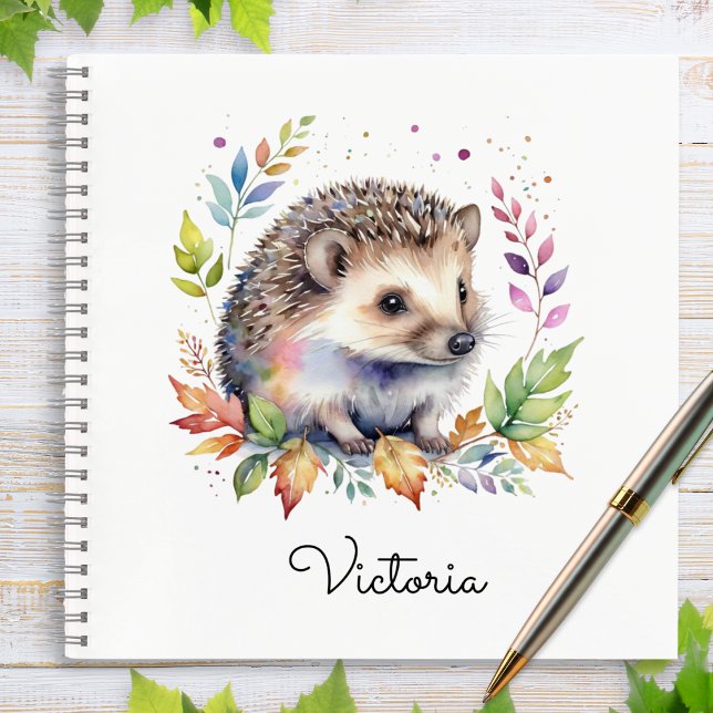 Watercolor Hedgehog Woodland Animal Personalized Notizbuch (A spiral-bound notebook with cover illustration of a hedgehog and leaves in a watercolor style)
