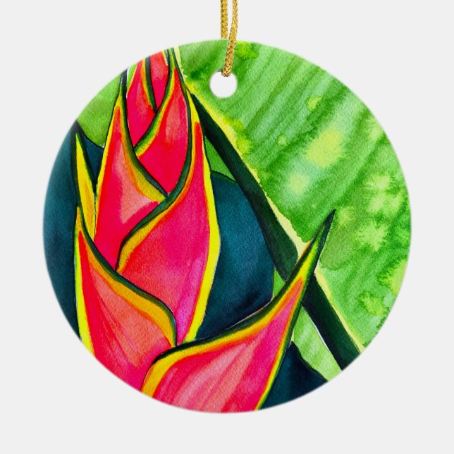 Watercolor Heliconia Tropical Blume Keramik Ornament (Vorne)