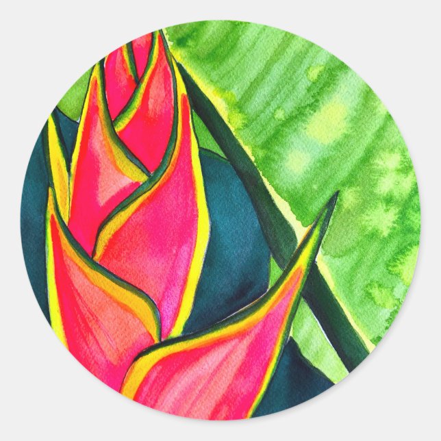 Watercolor Heliconia Tropical Blume Runder Aufkleber (Vorderseite)