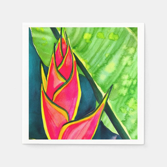 Watercolor Heliconia Tropical Blume Serviette (Vorderseite)