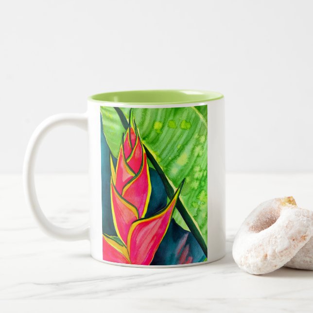 Watercolor Heliconia Tropical Blume Zweifarbige Tasse (Mit Donut)
