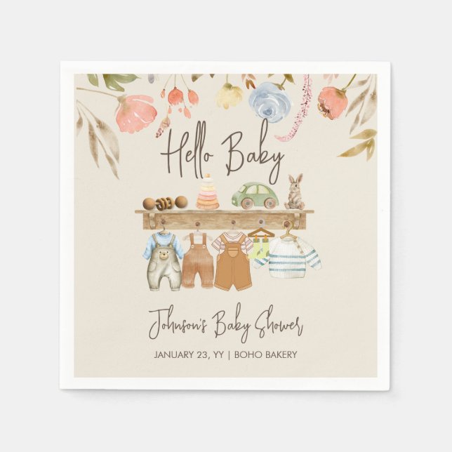 Watercolor Hello Baby Boho Kinderzimmer Babydusche Serviette (Vorderseite)