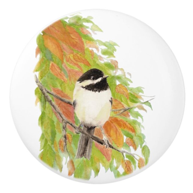 Watercolor Herbst Orange Green Chickadee Bird Keramikknauf (Vorderseite)
