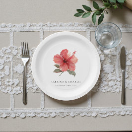 Watercolor Hibiscus Flower Tropical Aloha Wedding Pappteller