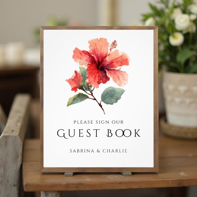 Watercolor Hibiscus Flower Wedding Guest Book Sign Fotodruck (Von Creator hochgeladen)