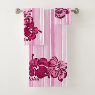 Watercolor-Hibiskus-hawaiischer Streifen - Rosa Badhandtuch Set