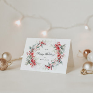 Watercolor Holiday Berries Wreath Falten Urlaub Karte