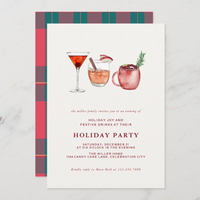 Watercolor Holiday Cocktail Weihnachten Party lade Einladung (Vorne/Hinten)