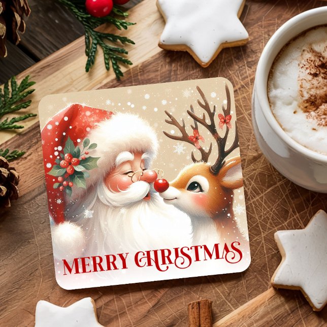 Watercolor Holiday Drink Coasters Santa Rudolph Rechteckiger Pappuntersetzer (Watercolor Holiday Drink Coasters Santa Rudolph)