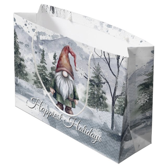 Watercolor Holiday Gnome Große Geschenktüte (Rückseite Schrägansicht)