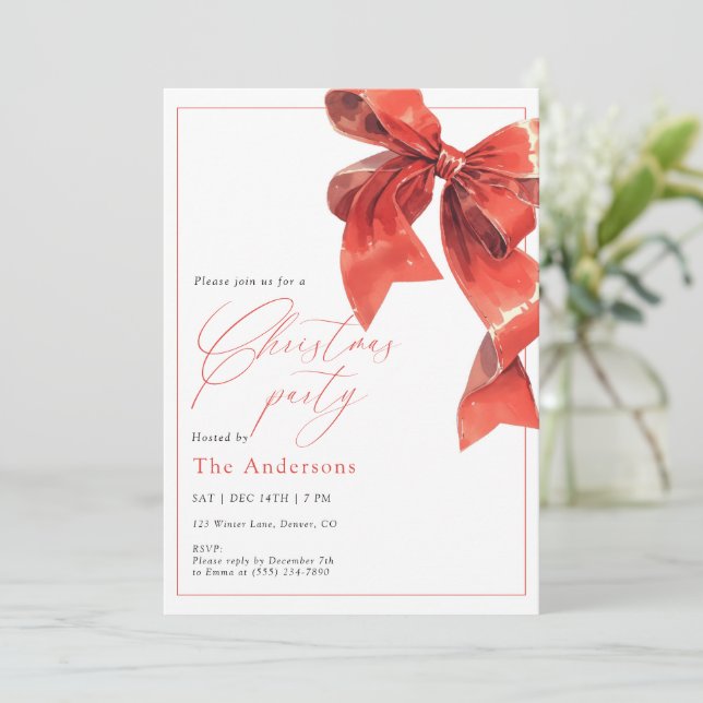 Watercolor Holiday Red Bow Christmas Party Einladung (Stehend Vorderseite)