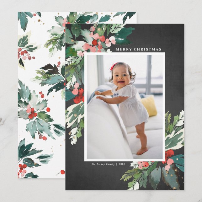 Watercolor Hollies Chalkboard Frohe Weihnachten (Vorne/Hinten)