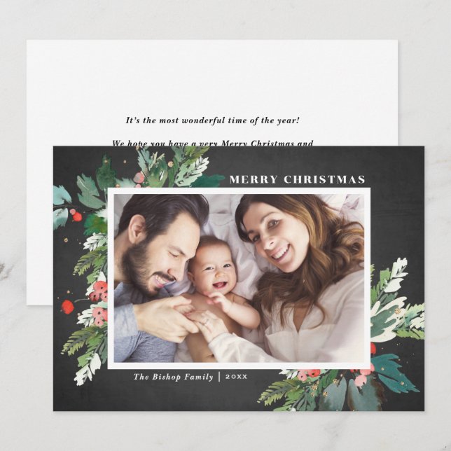 Watercolor Hollies Chalkboard Weihnachts-Foto (Vorne/Hinten)