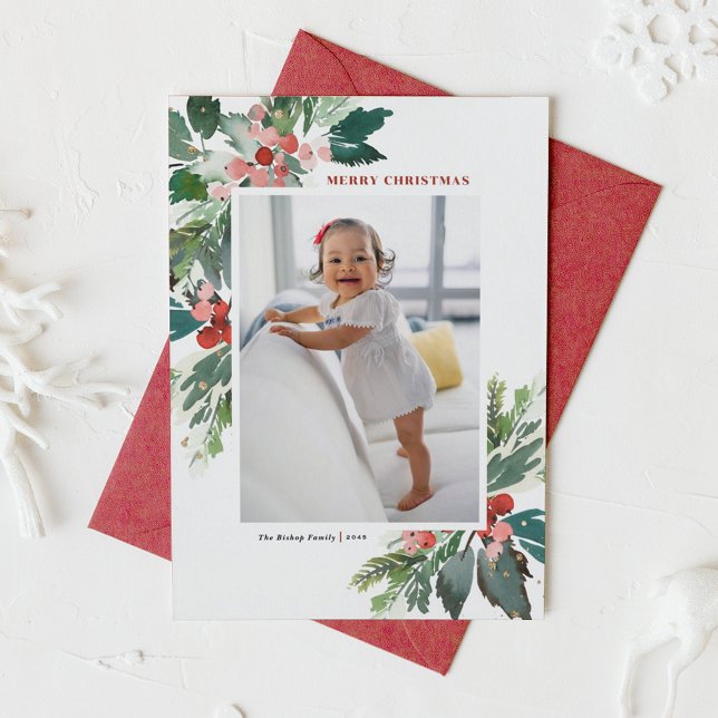 Watercolor Hollies Imitate Gold Frohe Weihnachten  (Watercolor Holly and Winter Greenery Photo Merry Christmas Card)