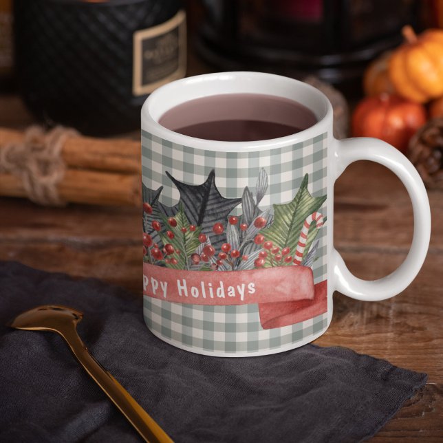 Watercolor Holly Banner auf Grau Kariert Kaffeetasse (Von Creator hochgeladen)