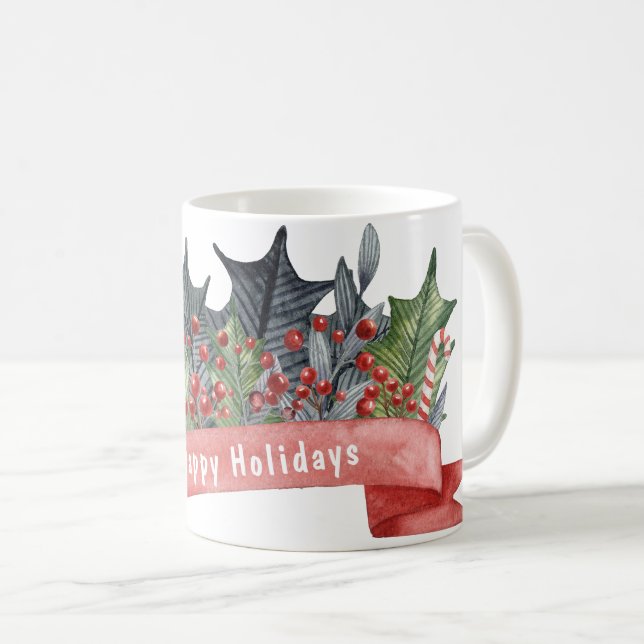 Watercolor Holly Banner individuell anpassbar Kaffeetasse (VorderseiteRechts)