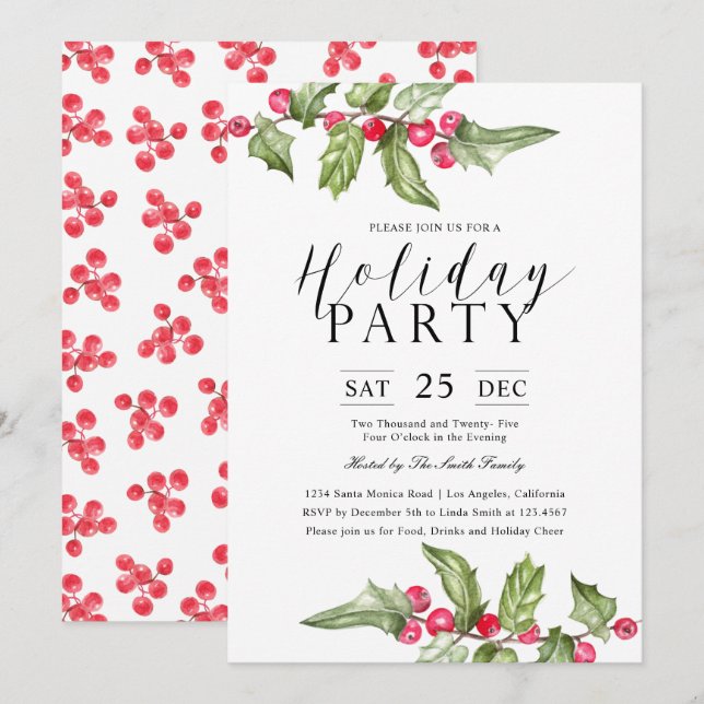 Watercolor Holly Beeren Branches Holiday Party Einladung (Vorne/Hinten)