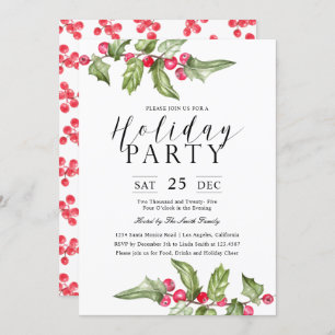 Watercolor Holly Beeren Branches Holiday Party Einladung