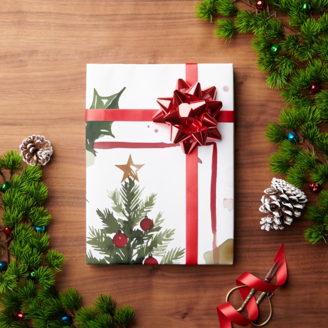 Watercolor Holly Berries Christmas Tree Holiday Geschenkpapier (Feiertagsgeschenk)