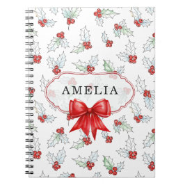 Watercolor Holly Berries Red Ribbon Custom Name Notizblock