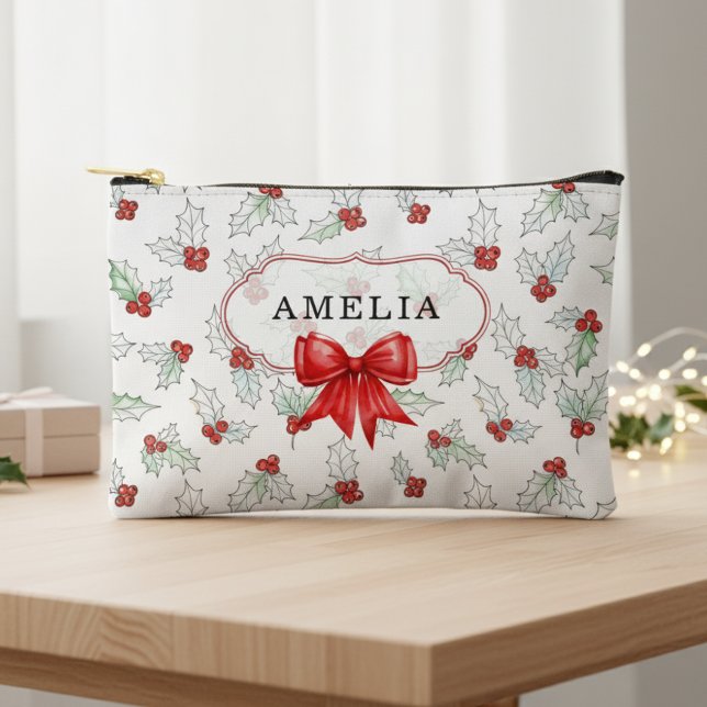 Watercolor Holly Berries  Red Ribbon Custom Name Zubehörtasche (Von Creator hochgeladen)