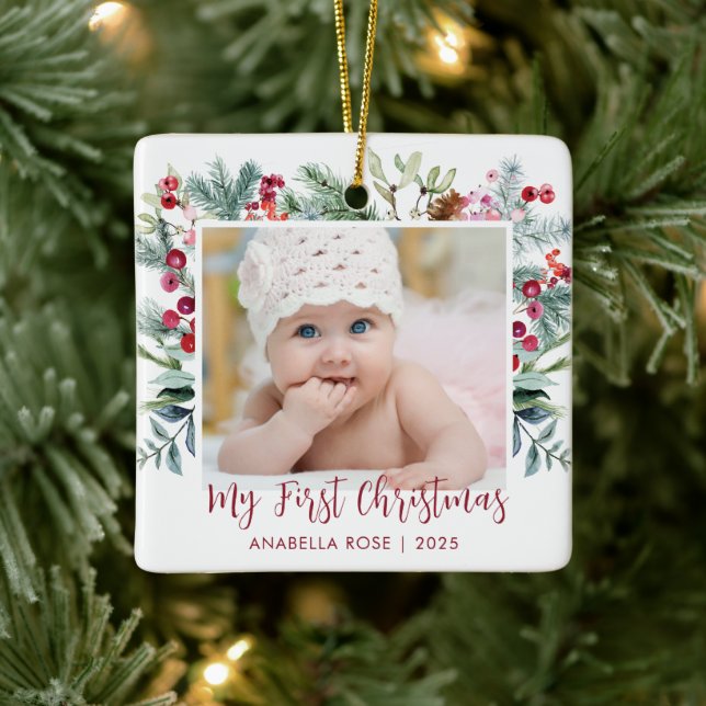 Watercolor Holly Berry Babys Erstes Weihnachtsfest Keramikornament (Baum)